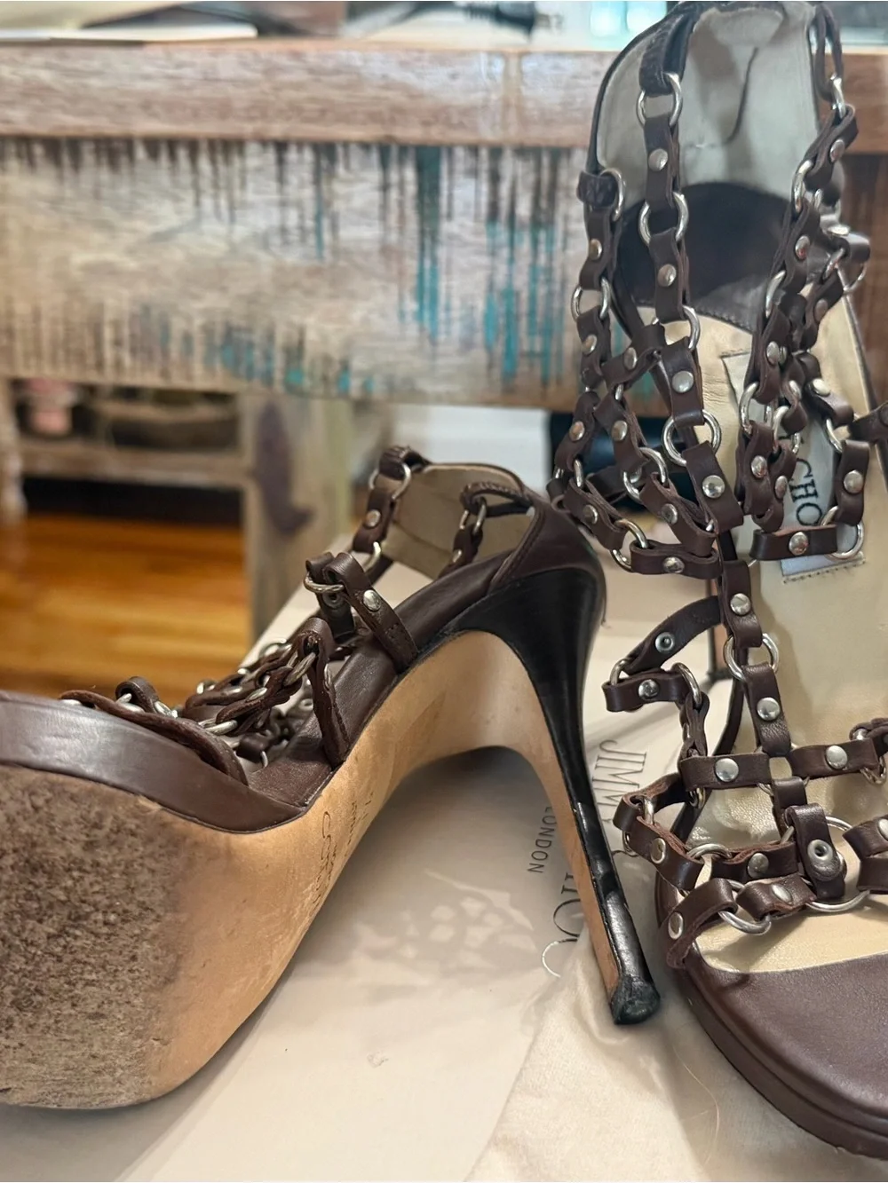 Saks Fifth Avenue Brown Leather Chain-Strap Gladiator Heels